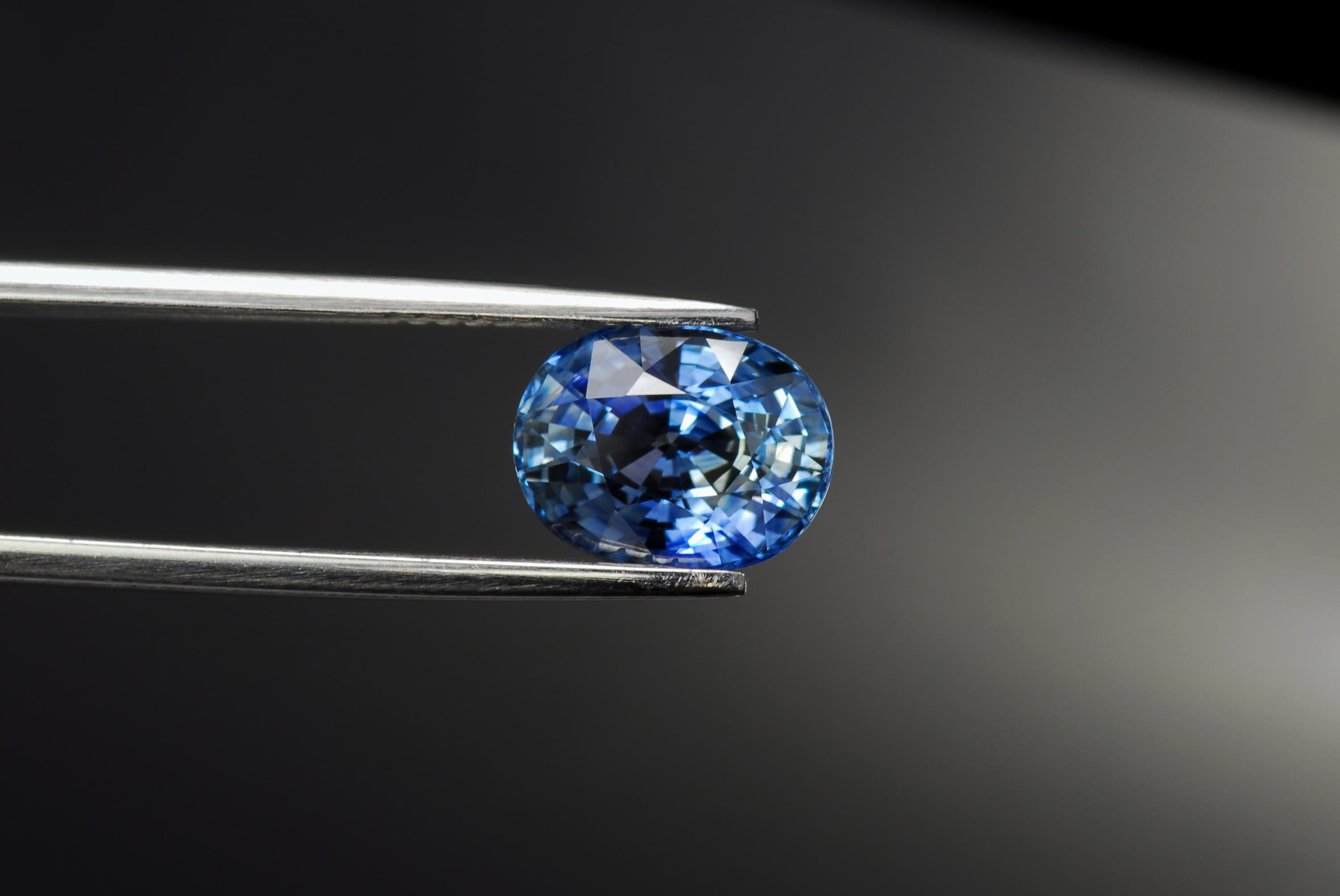Blue sapphire held in precision tweezers